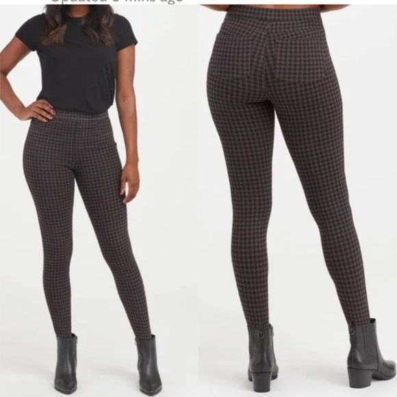 SPANX Jean-Ish Houndstooth Plaid Leggings Pants PullOn Waist Slimming Black Gray - Picture 3 of 11